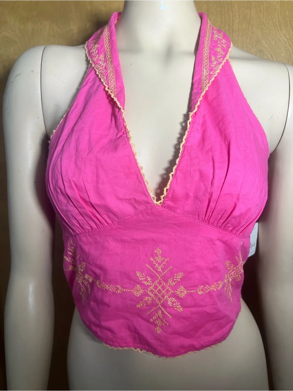 Free People Pink Halter Tank Top with Gold Embroidery